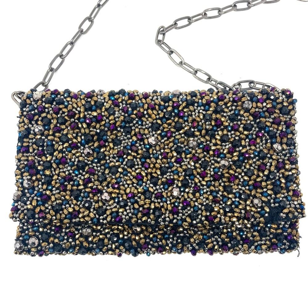 Free People Multicolor Black Beaded Evening Clutch Purse w/ Gunmetal Chain Strap
